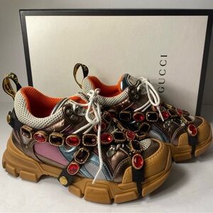 Gucci Brown and Red Embellished Sneakers